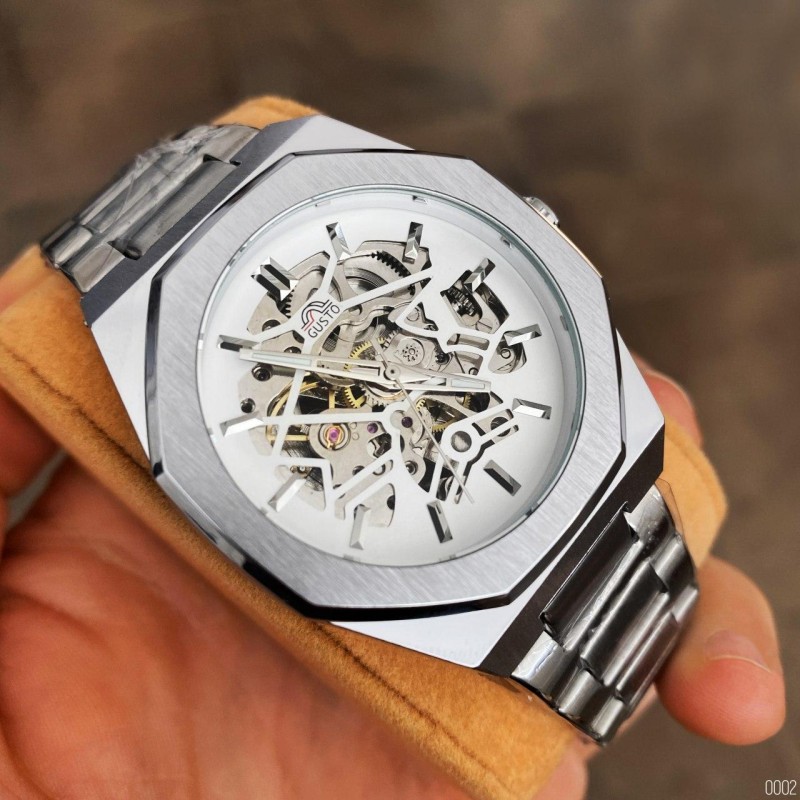 Мужские механические часы Gusto Skeleton Silver-White со скелетонизированным циферблатом и автоподзаводом