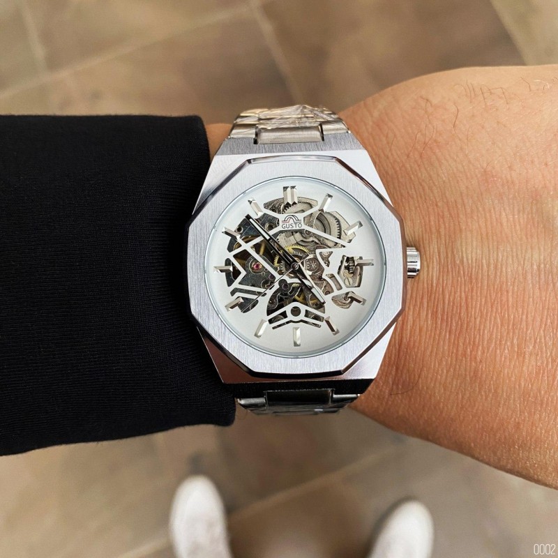 Мужские механические часы Gusto Skeleton Silver-White со скелетонизированным циферблатом и автоподзаводом