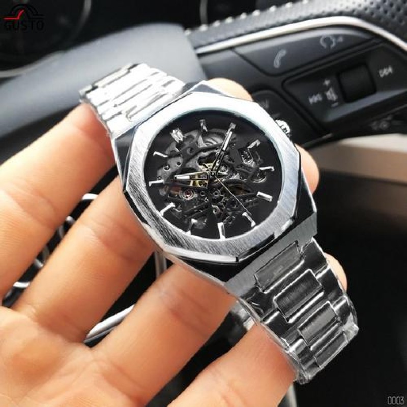Мужские механические часы Gusto Skeleton Silver-Black с автоподзаводом и прозрачным циферблатом
