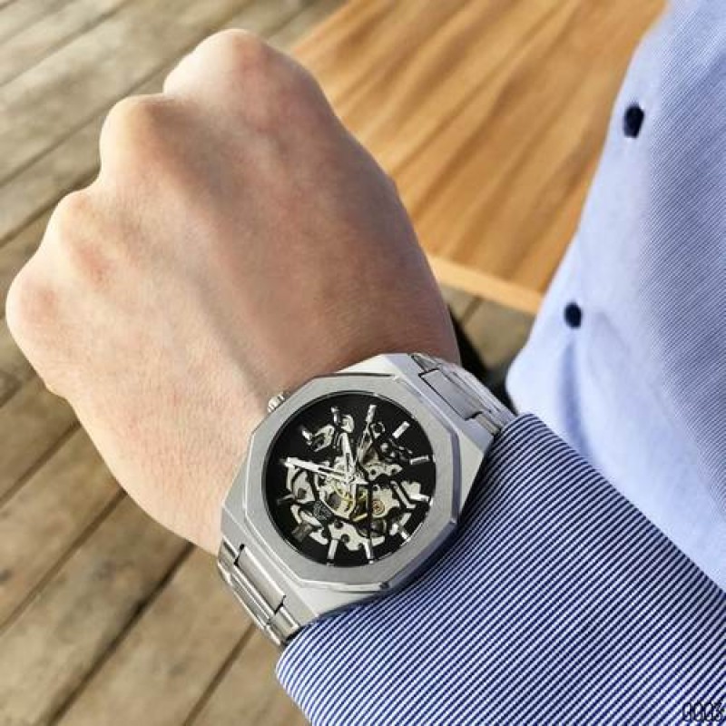 Мужские механические часы Gusto Skeleton Silver-Black с автоподзаводом и прозрачным циферблатом