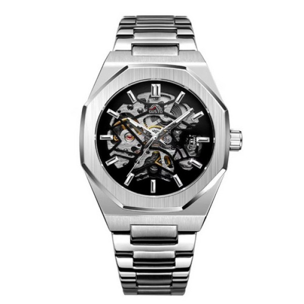 Мужские механические часы Gusto Skeleton Silver-Black с автоподзаводом и прозрачным циферблатом