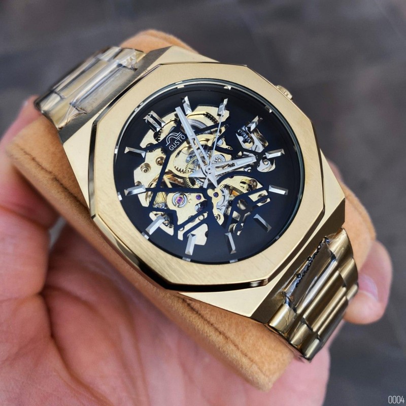 Мужские механические часы Gusto Skeleton Gold-Black с автоподзаводом и золотистым браслетом