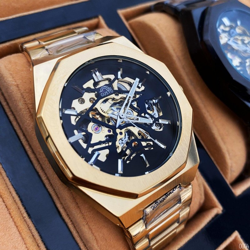 Мужские механические часы Gusto Skeleton Gold-Black с автоподзаводом и золотистым браслетом
