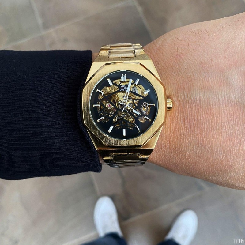 Мужские механические часы Gusto Skeleton Gold-Black с автоподзаводом и золотистым браслетом