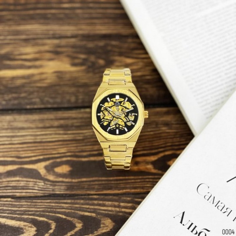 Мужские механические часы Gusto Skeleton Gold-Black с автоподзаводом и золотистым браслетом
