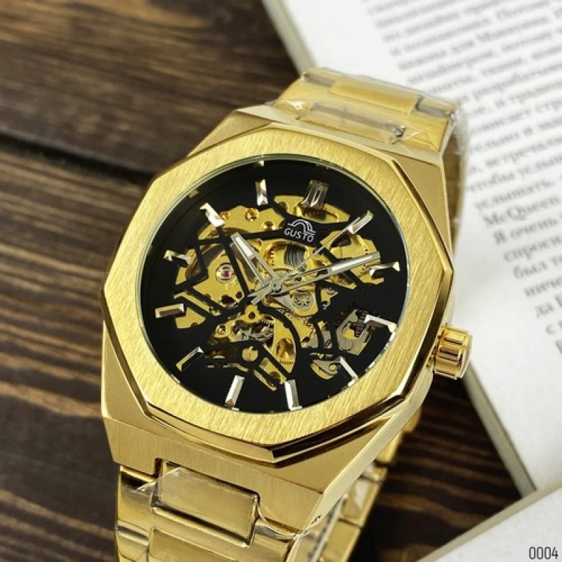 Мужские механические часы Gusto Skeleton Gold-Black с автоподзаводом и золотистым браслетом