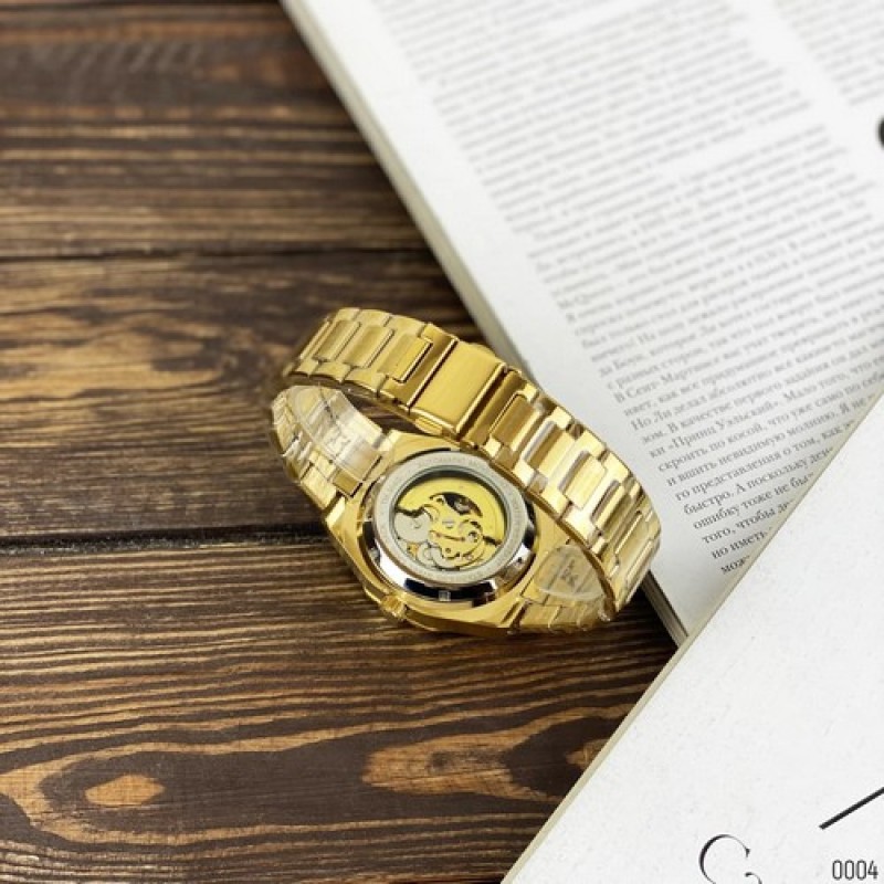 Мужские механические часы Gusto Skeleton Gold-Black с автоподзаводом и золотистым браслетом