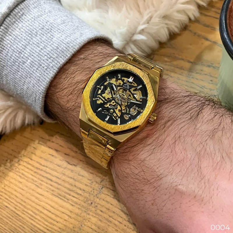 Мужские механические часы Gusto Skeleton Gold-Black с автоподзаводом и золотистым браслетом