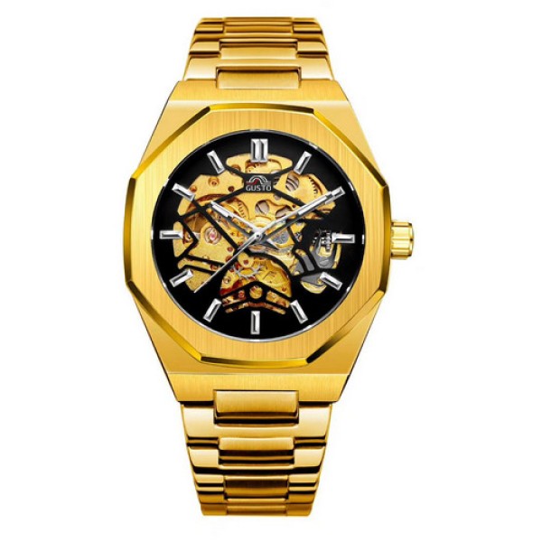 Мужские механические часы Gusto Skeleton Gold-Black с автоподзаводом и золотистым браслетом