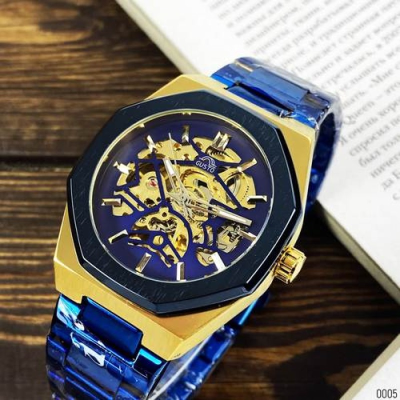 Мужские механические часы Gusto Skeleton Blue-Gold с автоподзаводом и синим браслетом