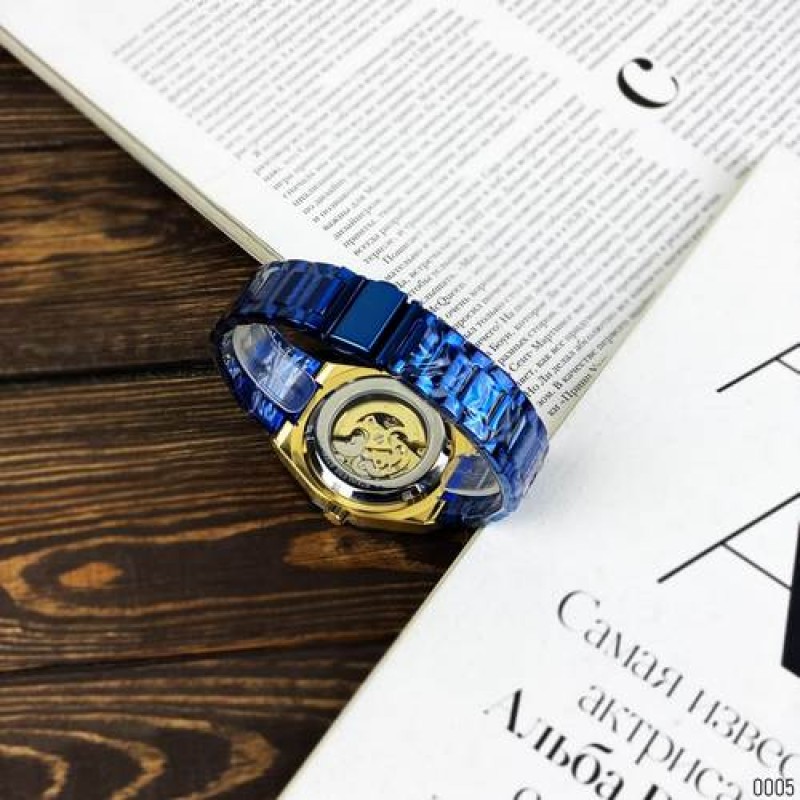 Мужские механические часы Gusto Skeleton Blue-Gold с автоподзаводом и синим браслетом