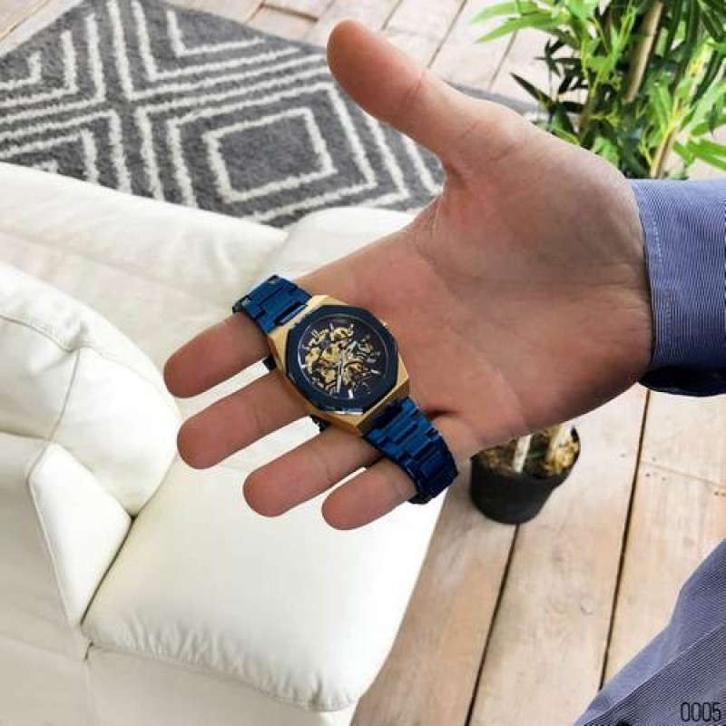 Мужские механические часы Gusto Skeleton Blue-Gold с автоподзаводом и синим браслетом