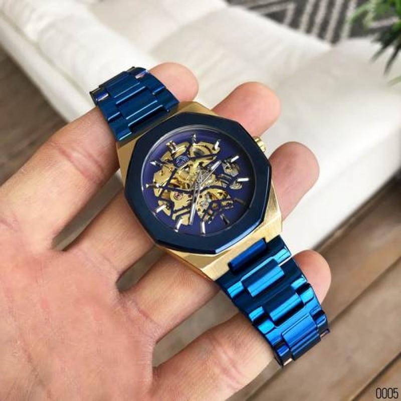 Мужские механические часы Gusto Skeleton Blue-Gold с автоподзаводом и синим браслетом