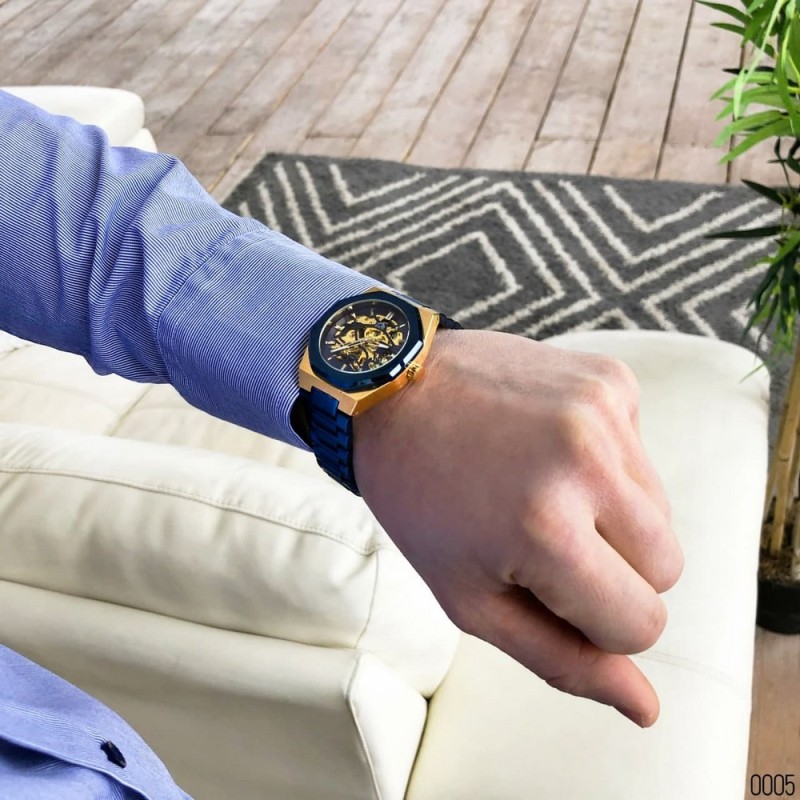 Мужские механические часы Gusto Skeleton Blue-Gold с автоподзаводом и синим браслетом