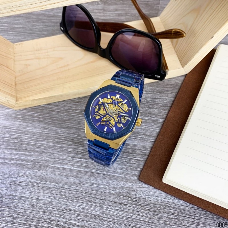 Мужские механические часы Gusto Skeleton Blue-Gold с автоподзаводом и синим браслетом
