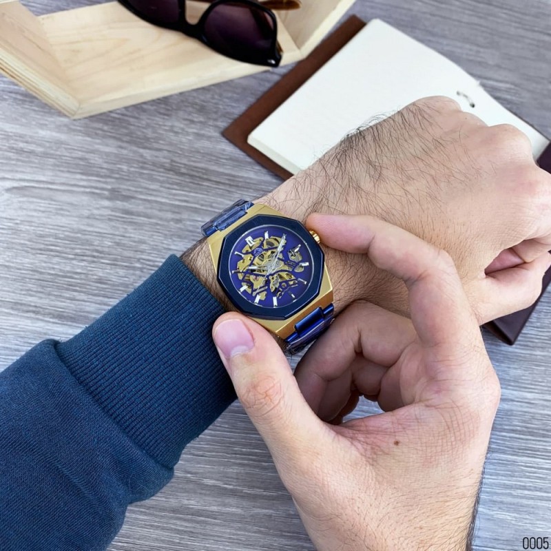 Мужские механические часы Gusto Skeleton Blue-Gold с автоподзаводом и синим браслетом
