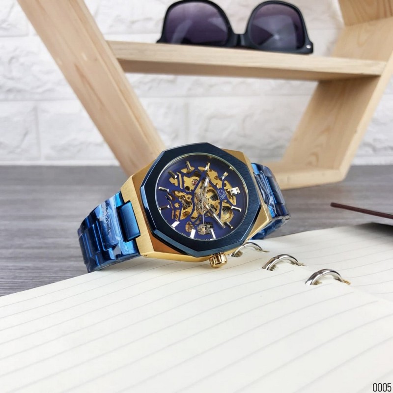 Мужские механические часы Gusto Skeleton Blue-Gold с автоподзаводом и синим браслетом