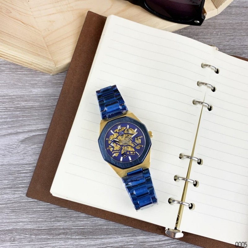 Мужские механические часы Gusto Skeleton Blue-Gold с автоподзаводом и синим браслетом