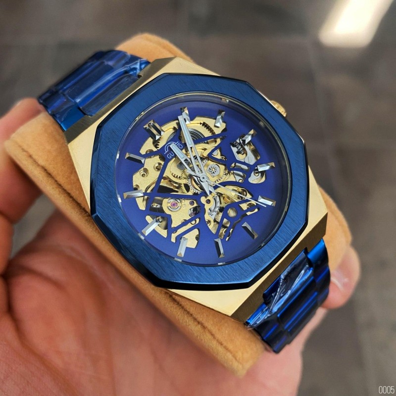 Мужские механические часы Gusto Skeleton Blue-Gold с автоподзаводом и синим браслетом