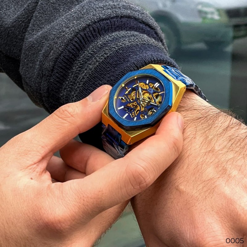 Мужские механические часы Gusto Skeleton Blue-Gold с автоподзаводом и синим браслетом