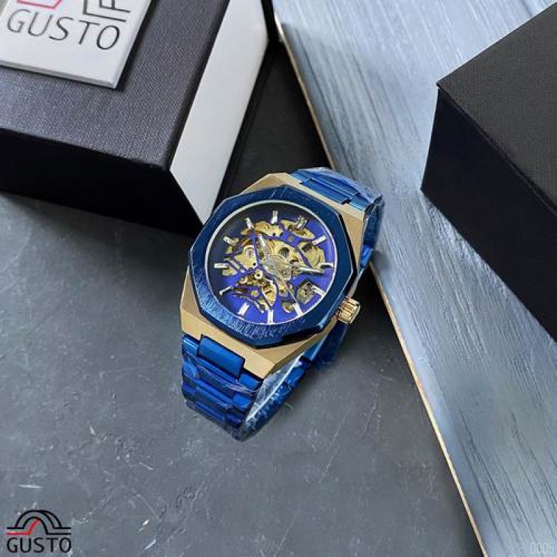 Мужские механические часы Gusto Skeleton Blue-Gold с автоподзаводом и синим браслетом