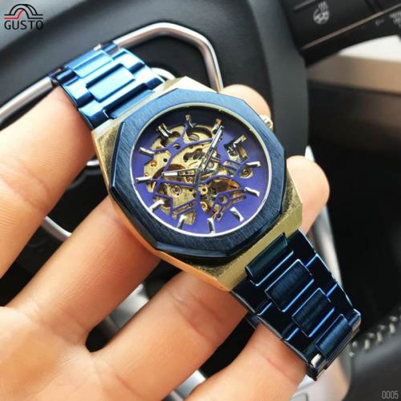 Мужские механические часы Gusto Skeleton Blue-Gold с автоподзаводом и синим браслетом