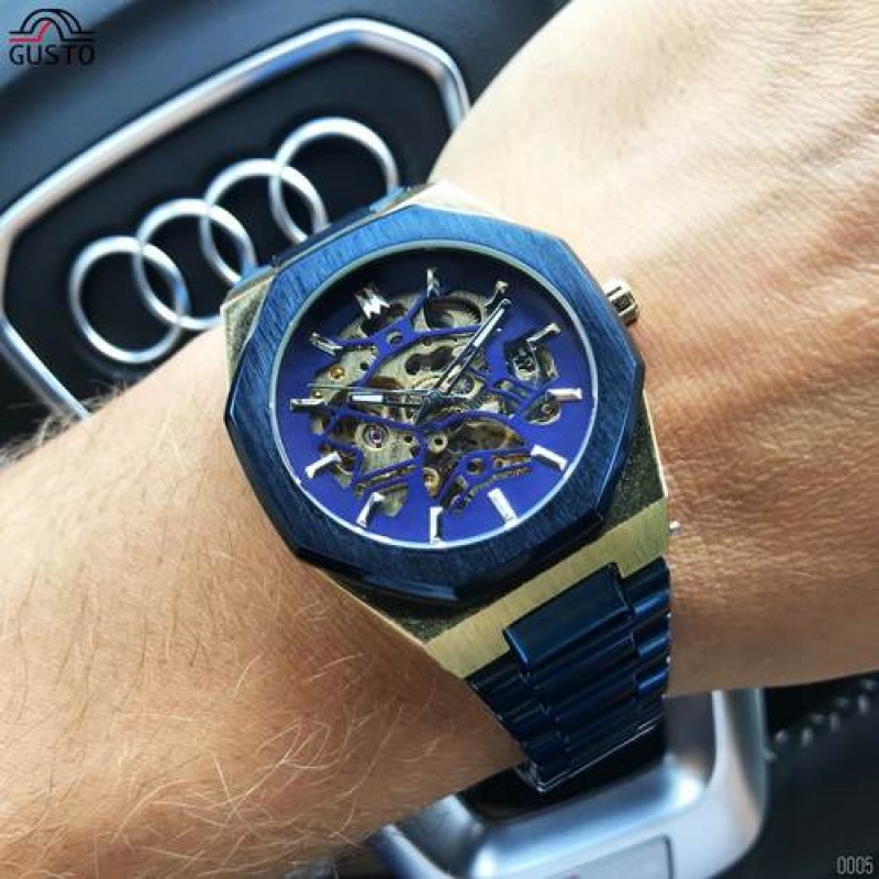 Мужские механические часы Gusto Skeleton Blue-Gold с автоподзаводом и синим браслетом