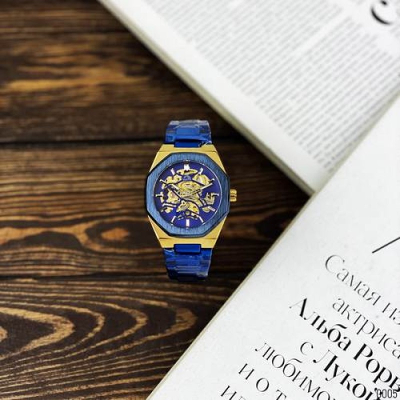 Мужские механические часы Gusto Skeleton Blue-Gold с автоподзаводом и синим браслетом