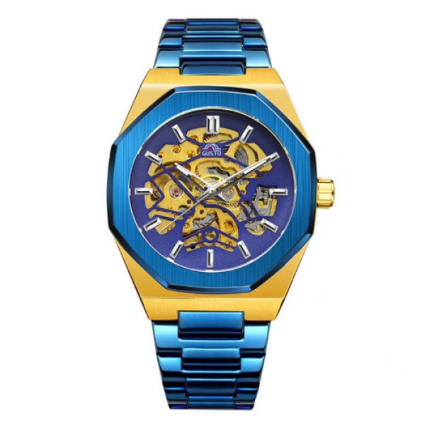Мужские механические часы Gusto Skeleton Blue-Gold с автоподзаводом и синим браслетом