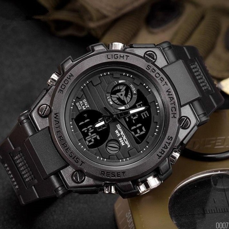 Мужские спортивные часы Sanda 739 All Black с комбинированным циферблатом и подсветкой