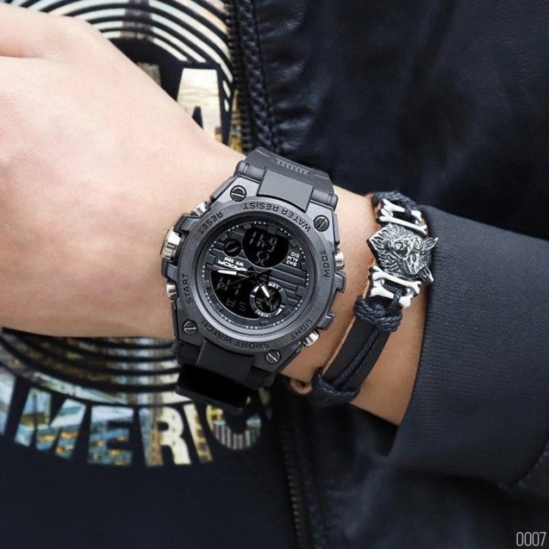 Мужские спортивные часы Sanda 739 All Black с комбинированным циферблатом и подсветкой