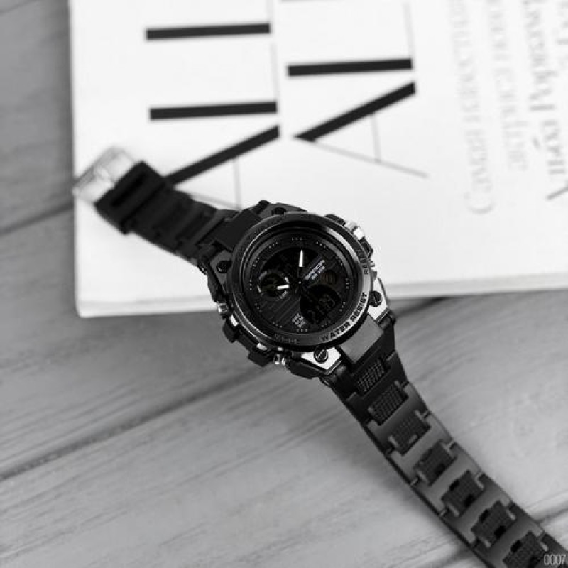 Мужские спортивные часы Sanda 739 All Black с комбинированным циферблатом и подсветкой