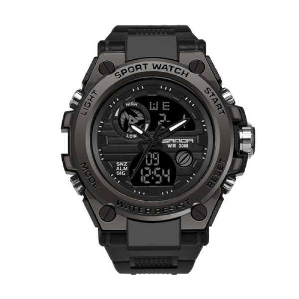 Мужские спортивные часы Sanda 739 All Black с комбинированным циферблатом и подсветкой