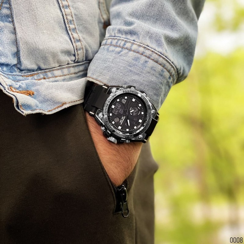 Мужские спортивные часы Sanda 739 Black-Silver с комбинированным циферблатом и подсветкой