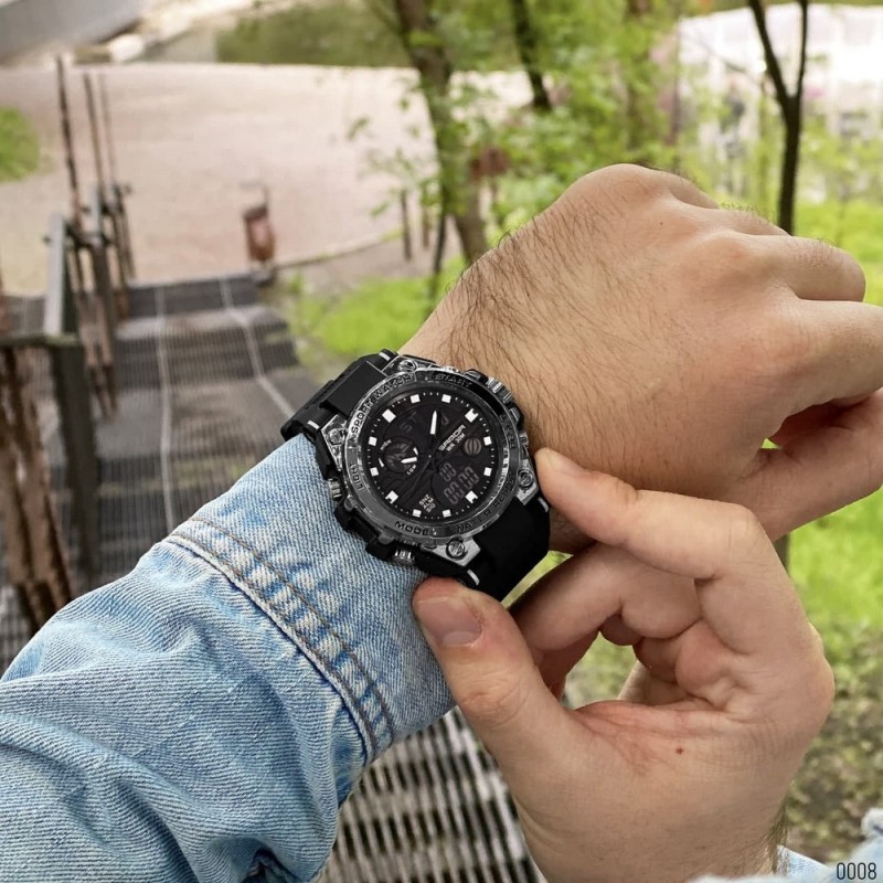 Мужские спортивные часы Sanda 739 Black-Silver с комбинированным циферблатом и подсветкой