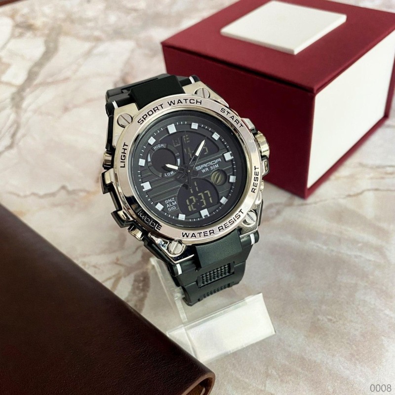Мужские спортивные часы Sanda 739 Black-Silver с комбинированным циферблатом и подсветкой