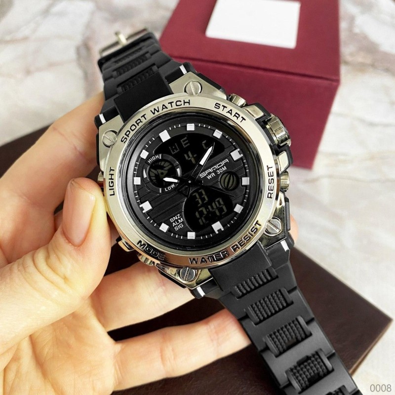 Мужские спортивные часы Sanda 739 Black-Silver с комбинированным циферблатом и подсветкой