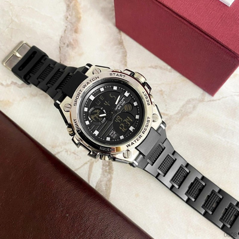 Мужские спортивные часы Sanda 739 Black-Silver с комбинированным циферблатом и подсветкой