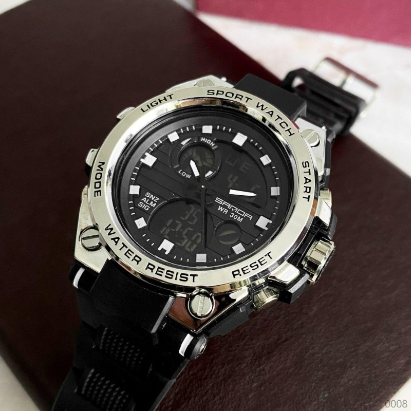Мужские спортивные часы Sanda 739 Black-Silver с комбинированным циферблатом и подсветкой