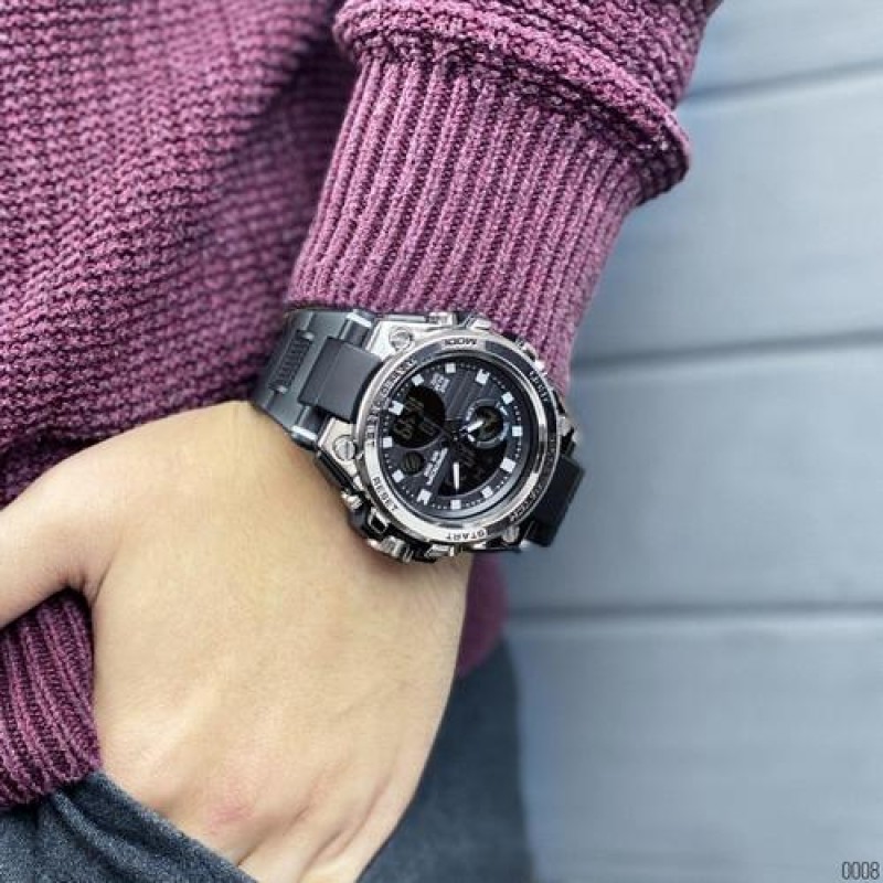 Мужские спортивные часы Sanda 739 Black-Silver с комбинированным циферблатом и подсветкой