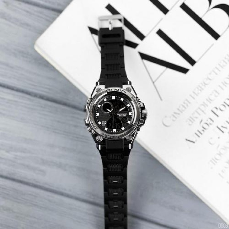 Мужские спортивные часы Sanda 739 Black-Silver с комбинированным циферблатом и подсветкой