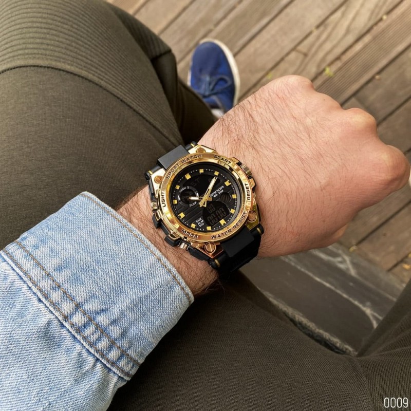 Мужские спортивные часы Sanda 739 Black-Gold с комбинированным циферблатом и подсветкой