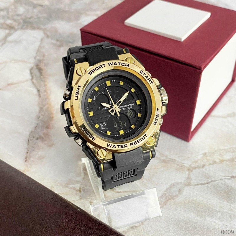 Мужские спортивные часы Sanda 739 Black-Gold с комбинированным циферблатом и подсветкой