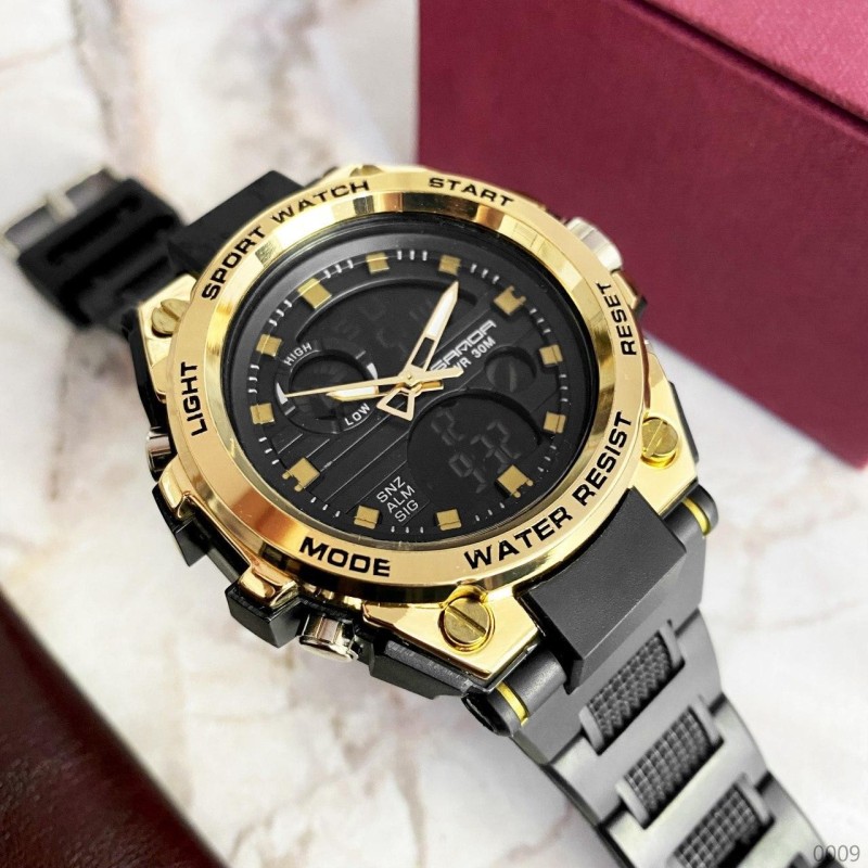 Мужские спортивные часы Sanda 739 Black-Gold с комбинированным циферблатом и подсветкой