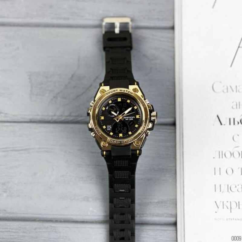 Мужские спортивные часы Sanda 739 Black-Gold с комбинированным циферблатом и подсветкой