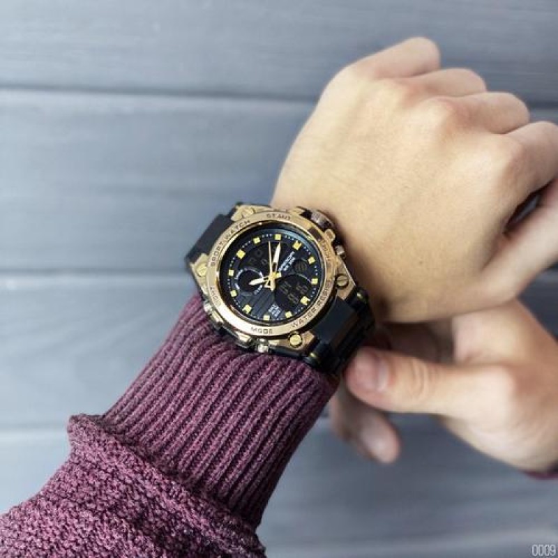 Мужские спортивные часы Sanda 739 Black-Gold с комбинированным циферблатом и подсветкой
