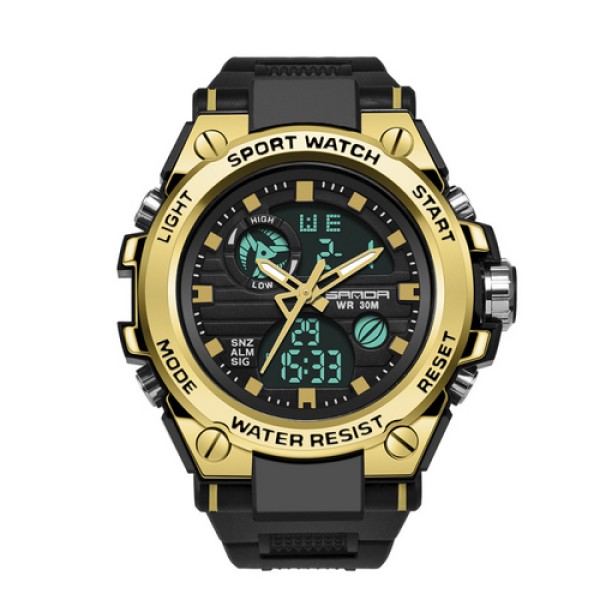 Мужские спортивные часы Sanda 739 Black-Gold с комбинированным циферблатом и подсветкой