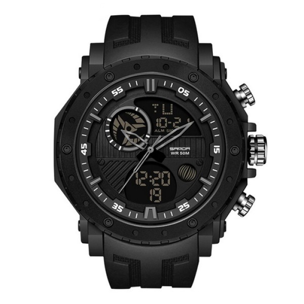 Мужские часы Sanda 6012 All Black – Спортивные кварцевые часы с подсветкой