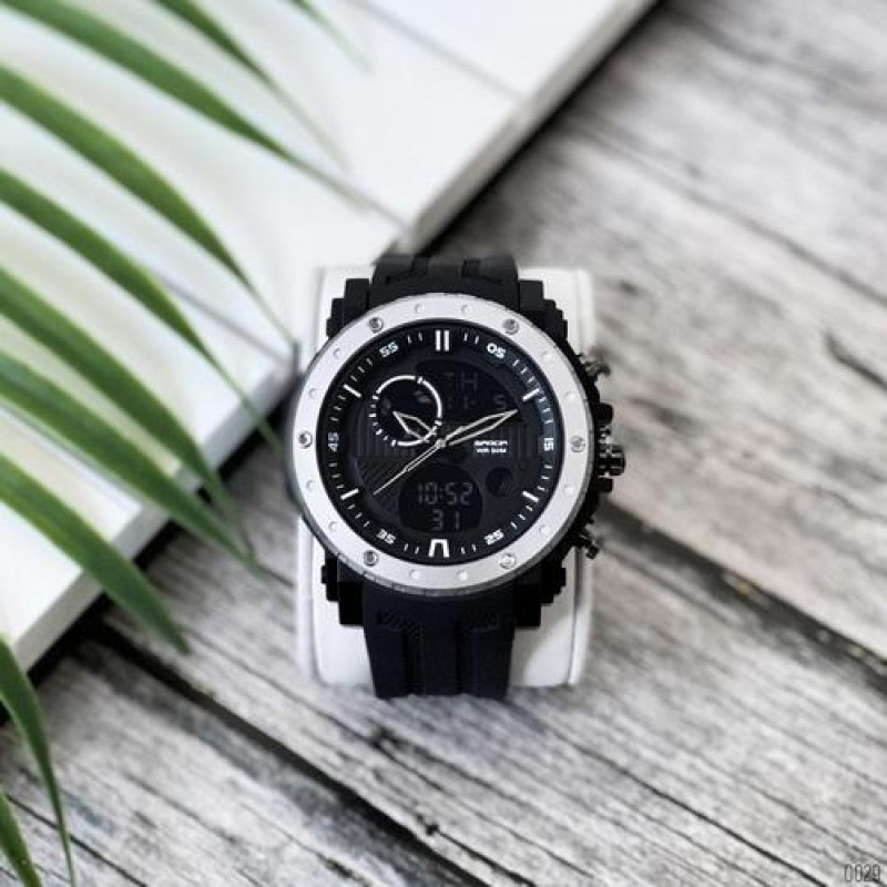 Мужские спортивные часы Sanda 6012 Black-Silver с комбинированным циферблатом и защитой 50 м