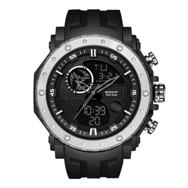 Мужские спортивные часы Sanda 6012 Black-Silver с комбинированным циферблатом и защитой 50 м